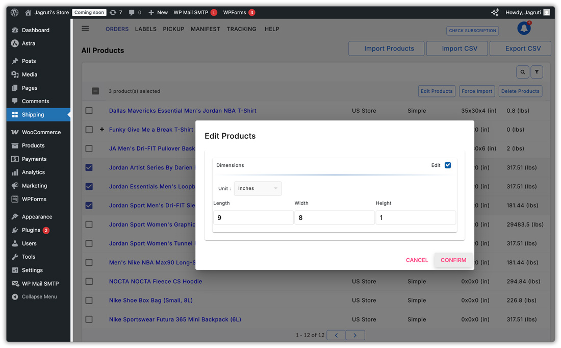 add product dimensions