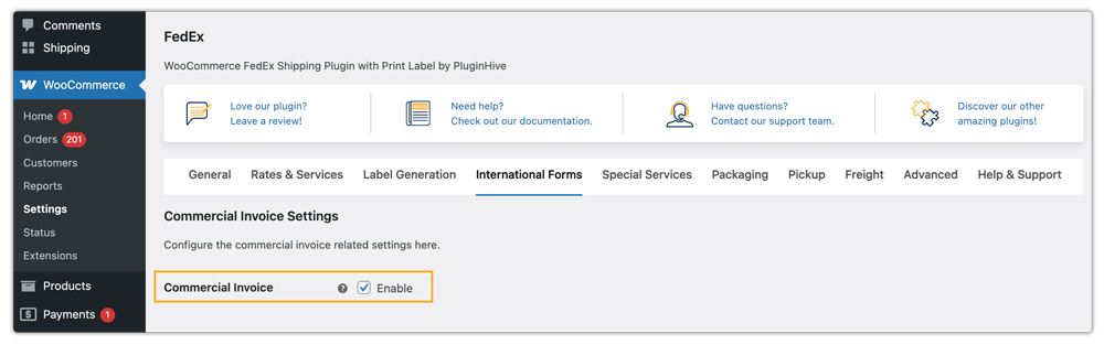 enable fedex commercial invoice