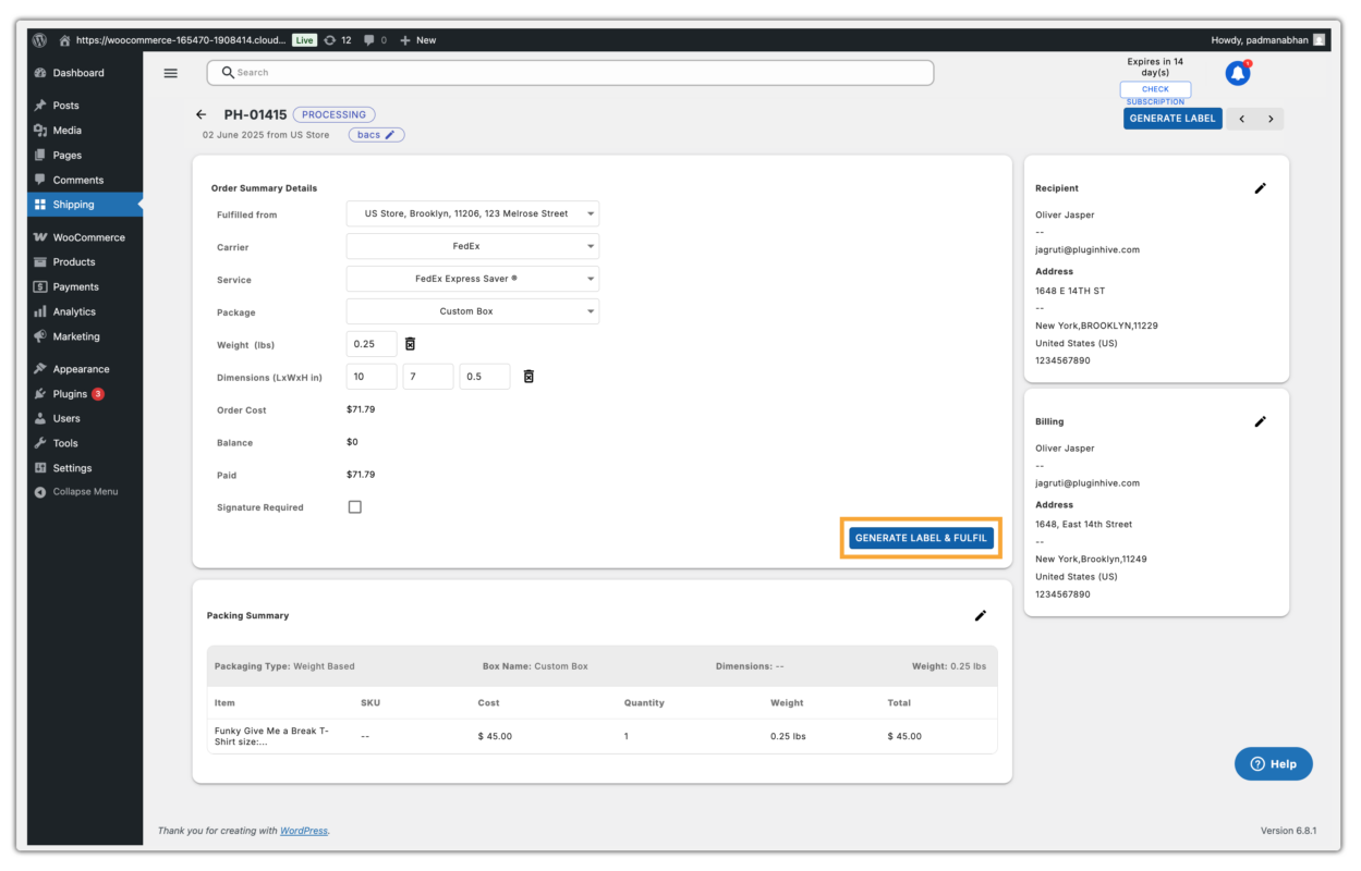 generate fulfill label slgp