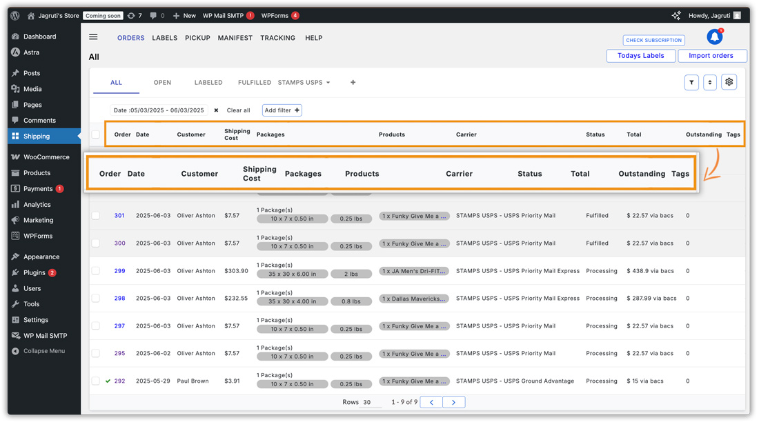 order table columns