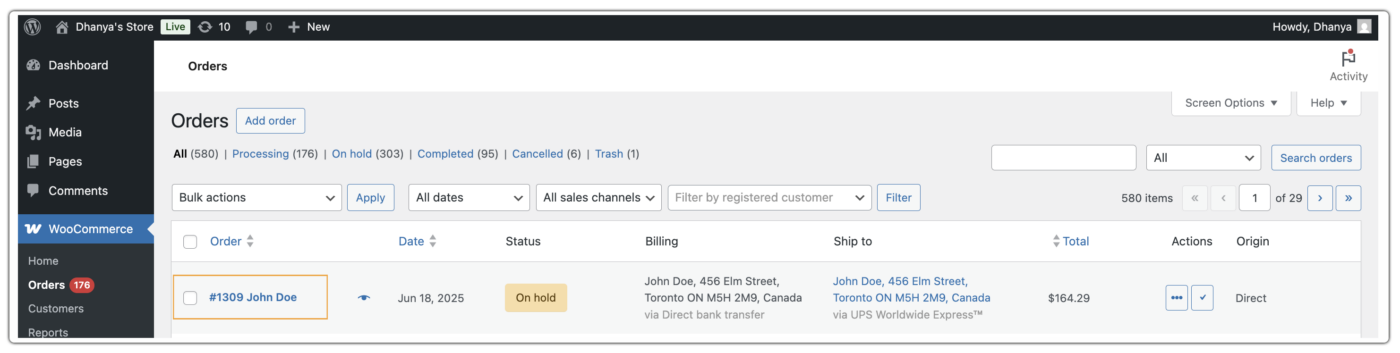 woocommerce order page