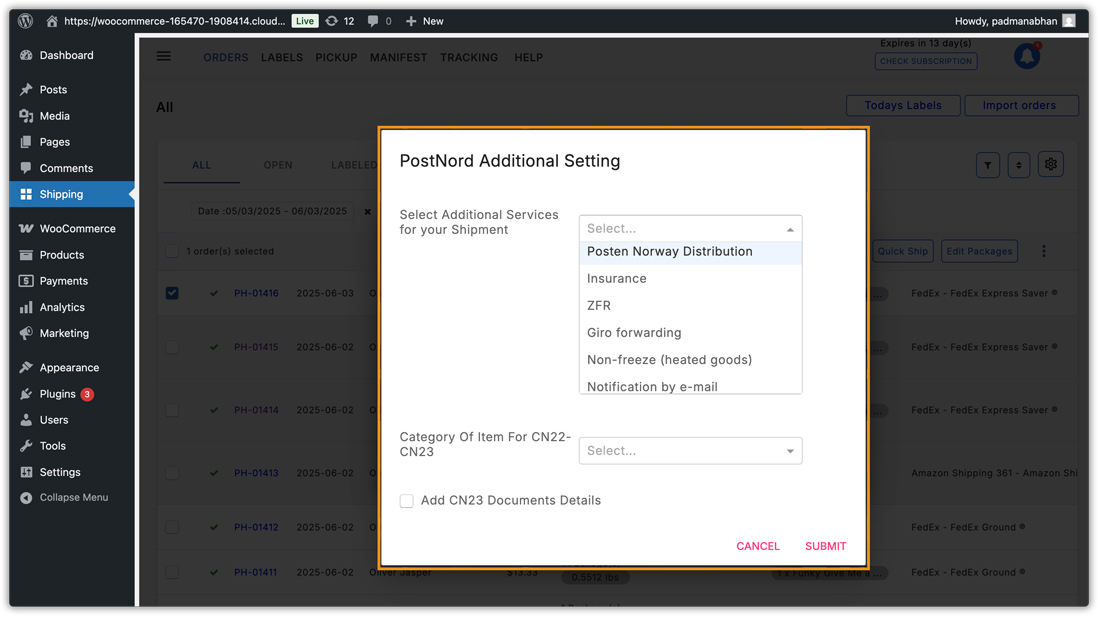 postnord additional settings