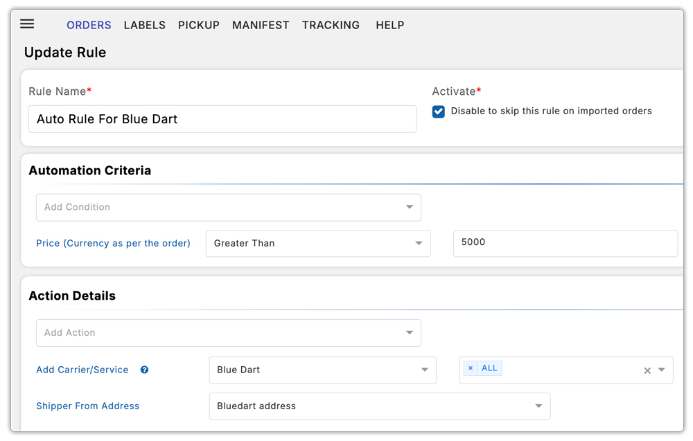 blue dart shipping automation