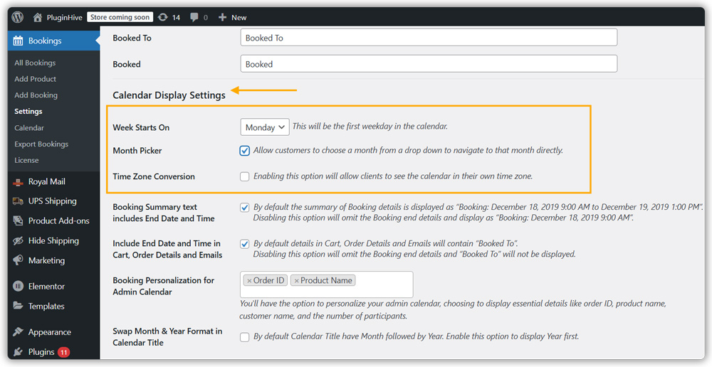 Calendar Display Settings