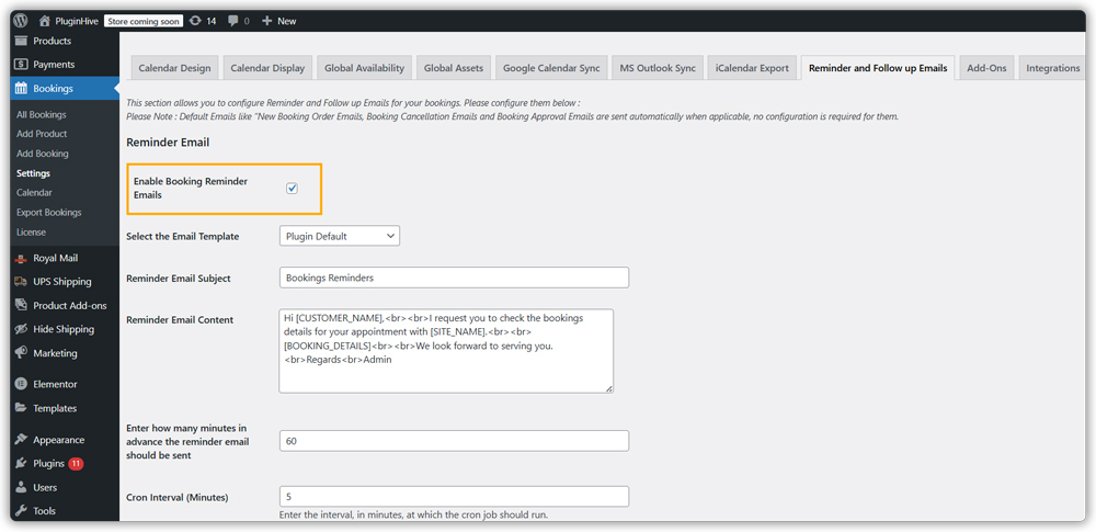 enable bookings reminders