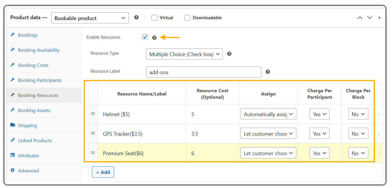 addons with booking resources