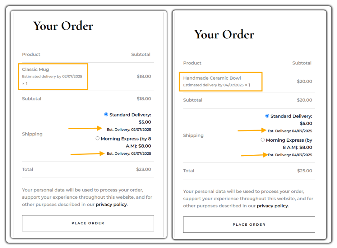 different delivery dates for different products