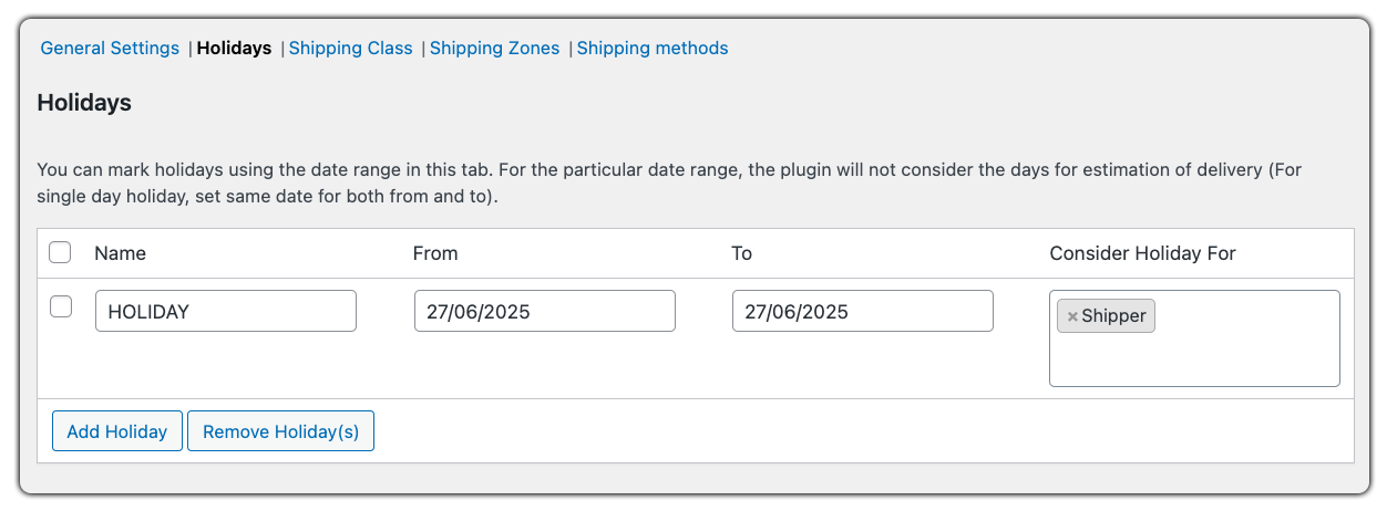 delivery date based on holidays