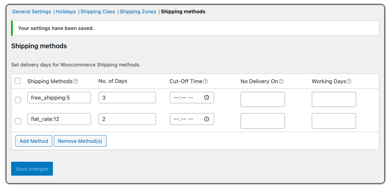 delivery date based on shipping methods