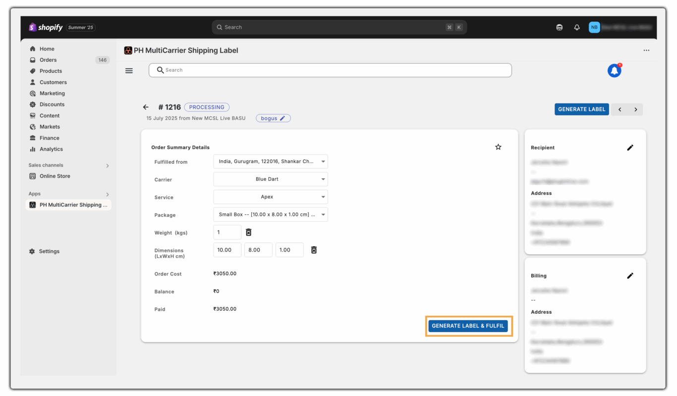 generate label and fulfil