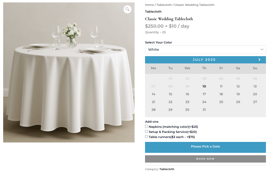 linen rental with woocommerce bookings