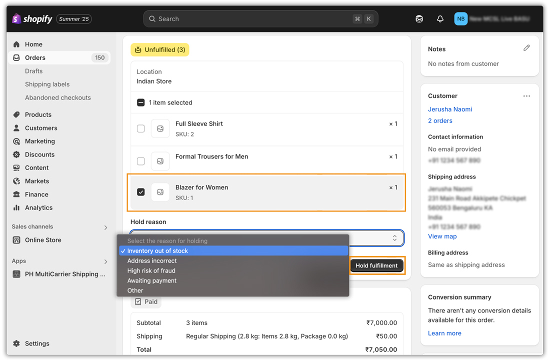 shopify hold reason