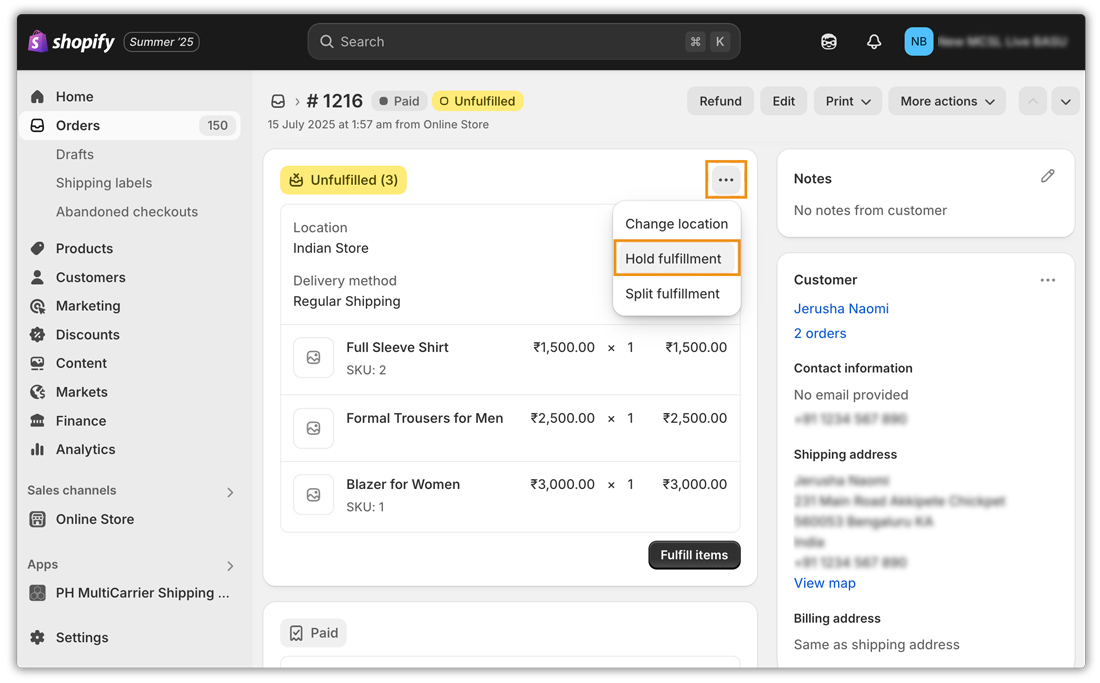 shopify hold fulfilment
