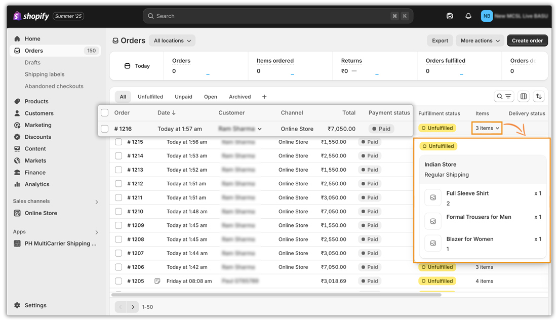 shopify order page