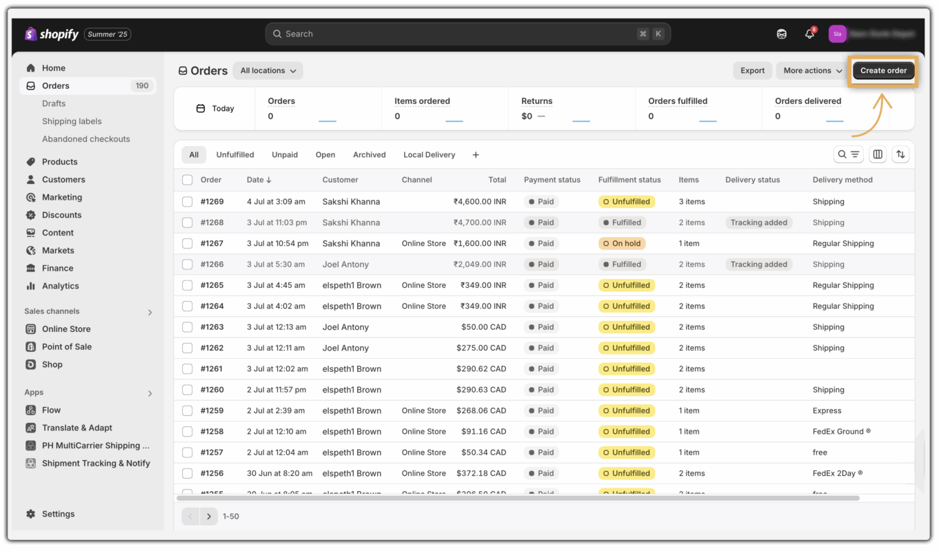 shopify create order