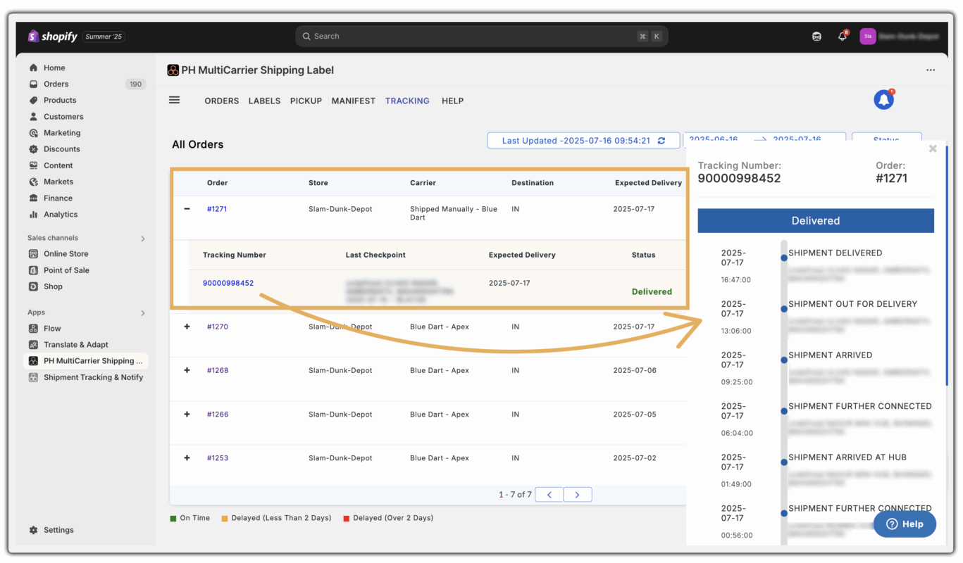 order tracking tab