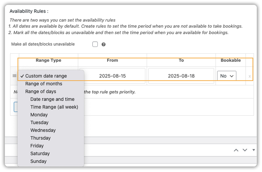 Customize Booking Availability