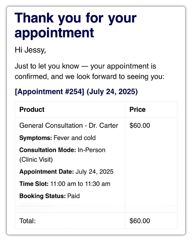 booking emails and reminders