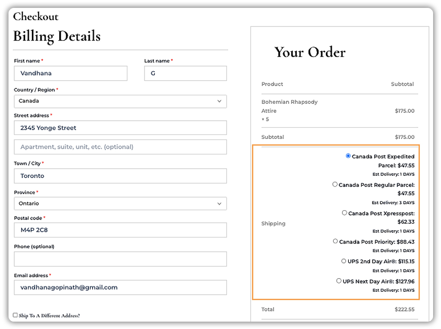 canada post rates at the checkout
