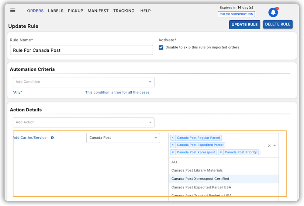 display canada post shipping services