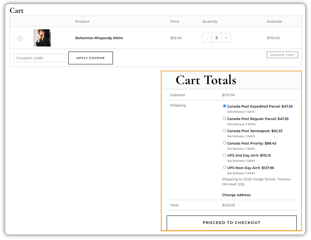 canada post services at cart page