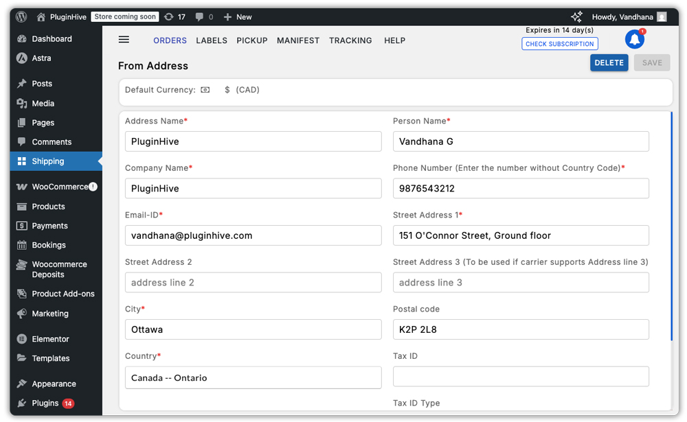 shipping from address