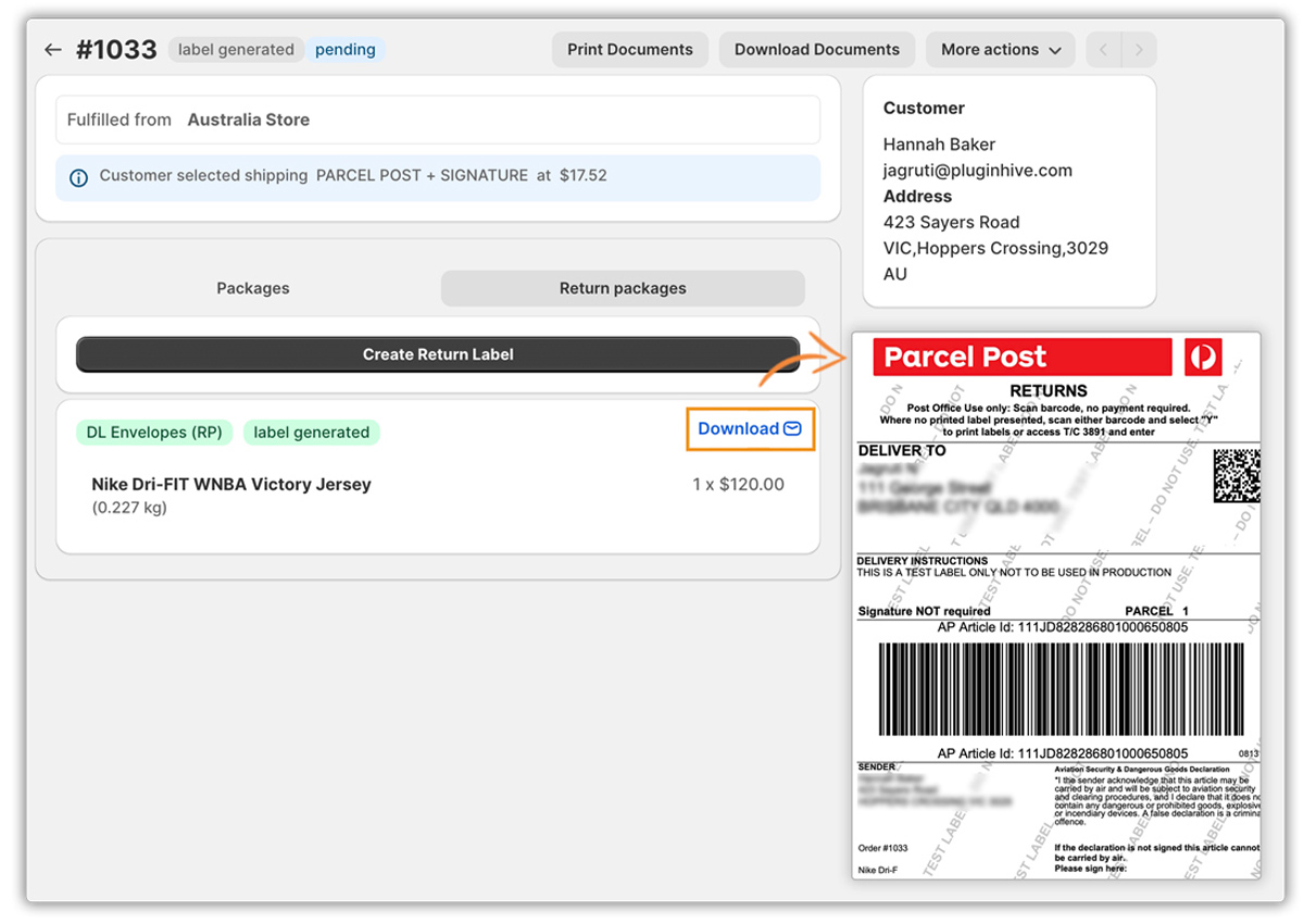 australia post return label