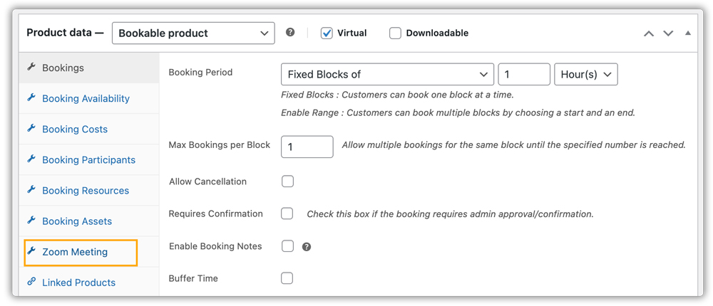 zoom meeting in product settings