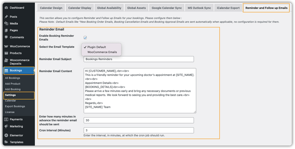 configure booking reminder