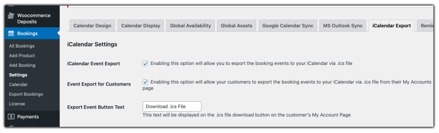 export bookings ical