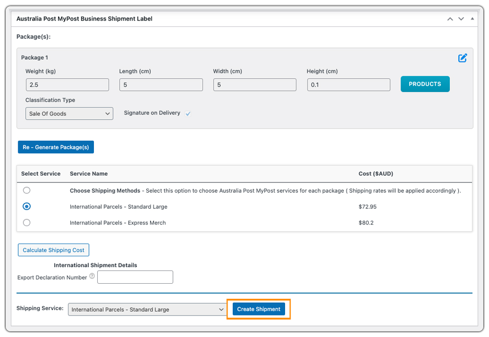 create shipment for international order 