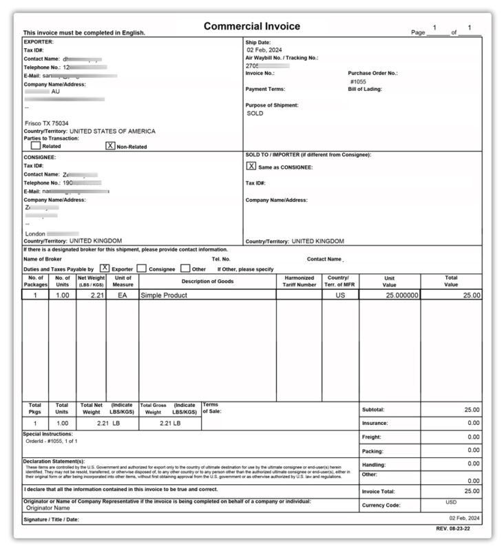 fedex commercial invoice