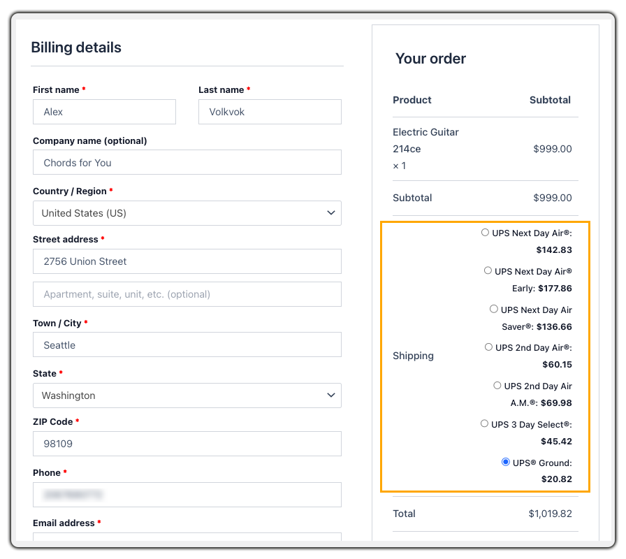 ups live rates at the check out