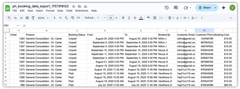 export booking data to csv