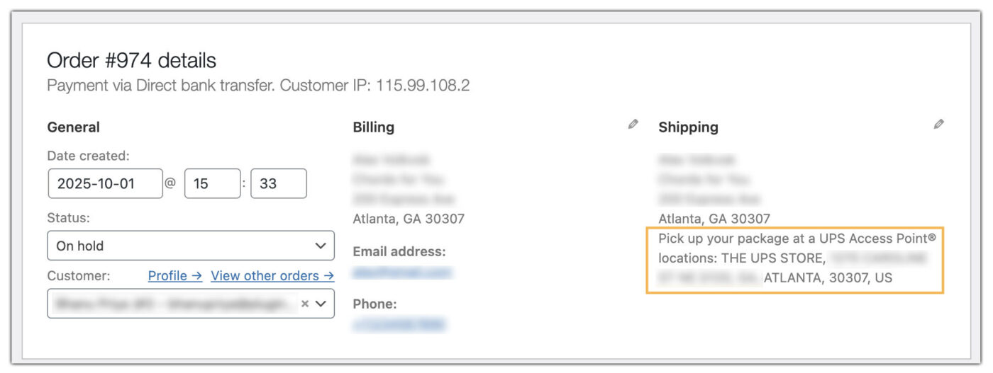 ups access point address on order page