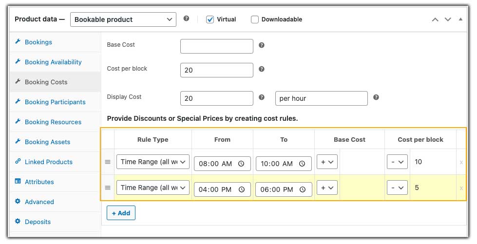 Set Booking Costs and Pricing Rules