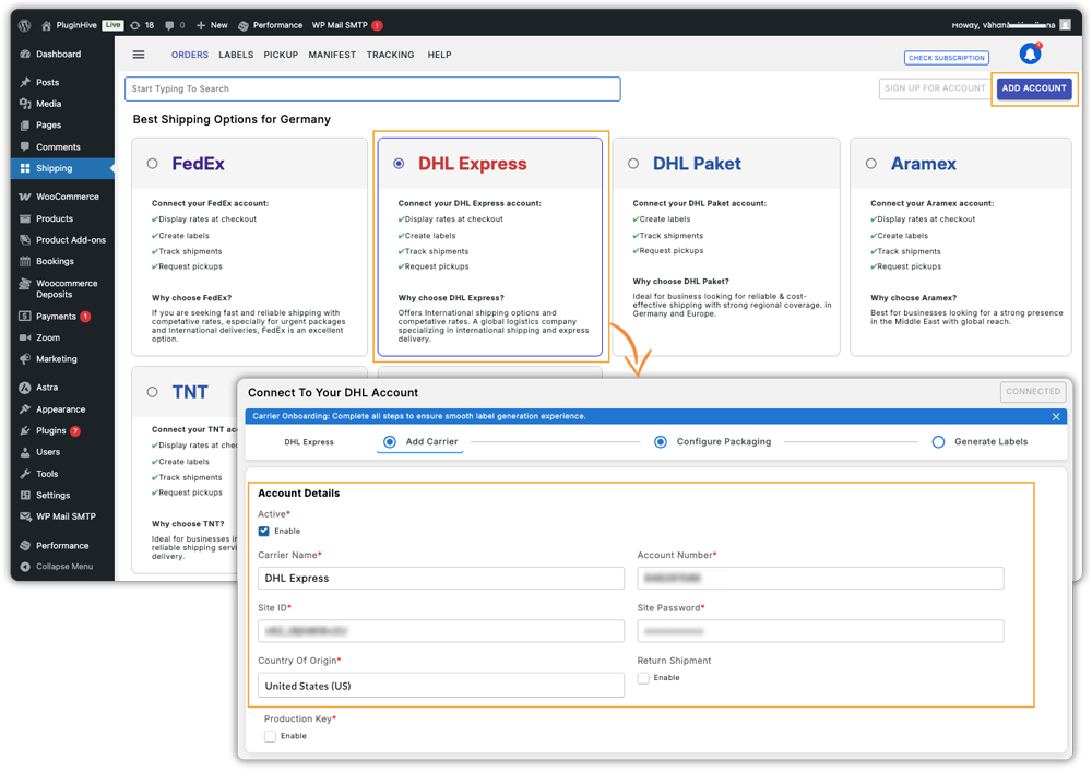 connect dhl account with woocommerce