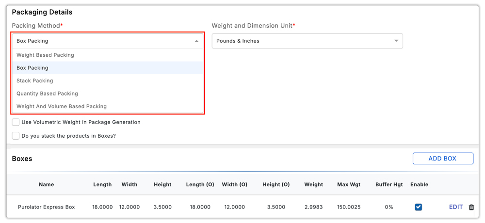 purolator packaging in woocommerce