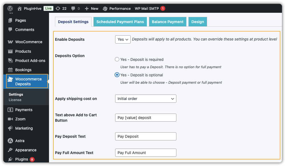 enable deposits options