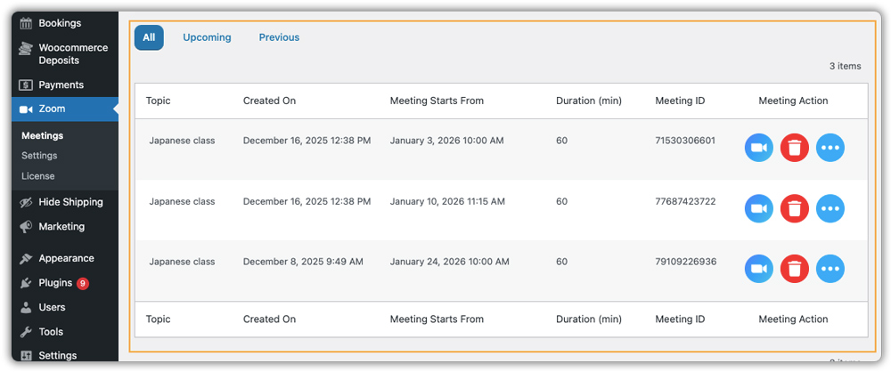 list of class bookings