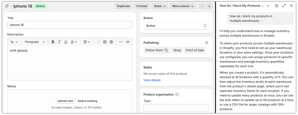 shopify sidekick product stocking query