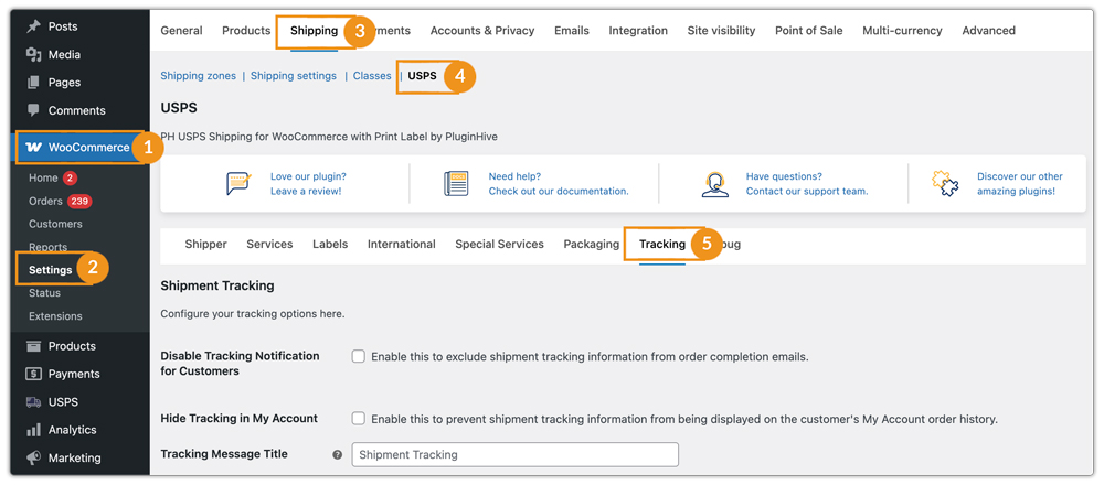 usps tracking settings