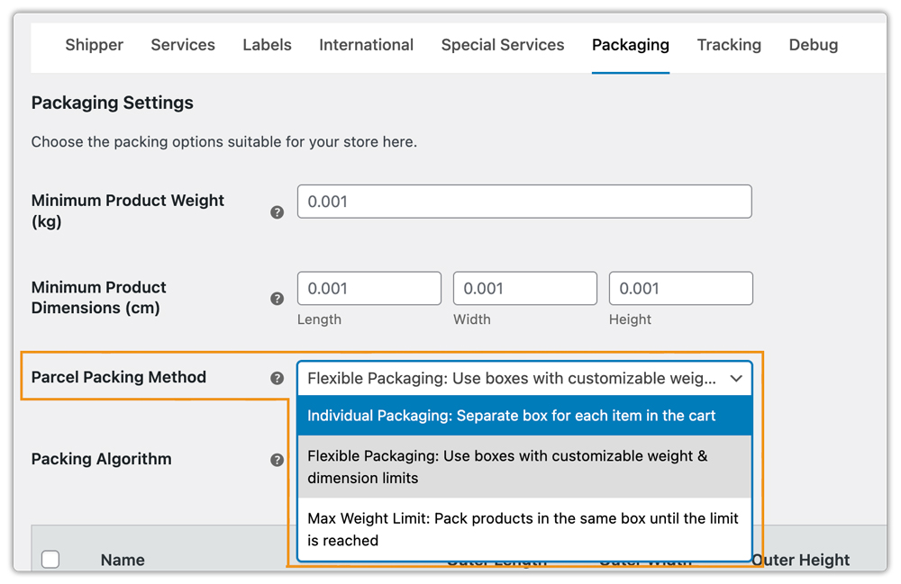 usps packaging settings