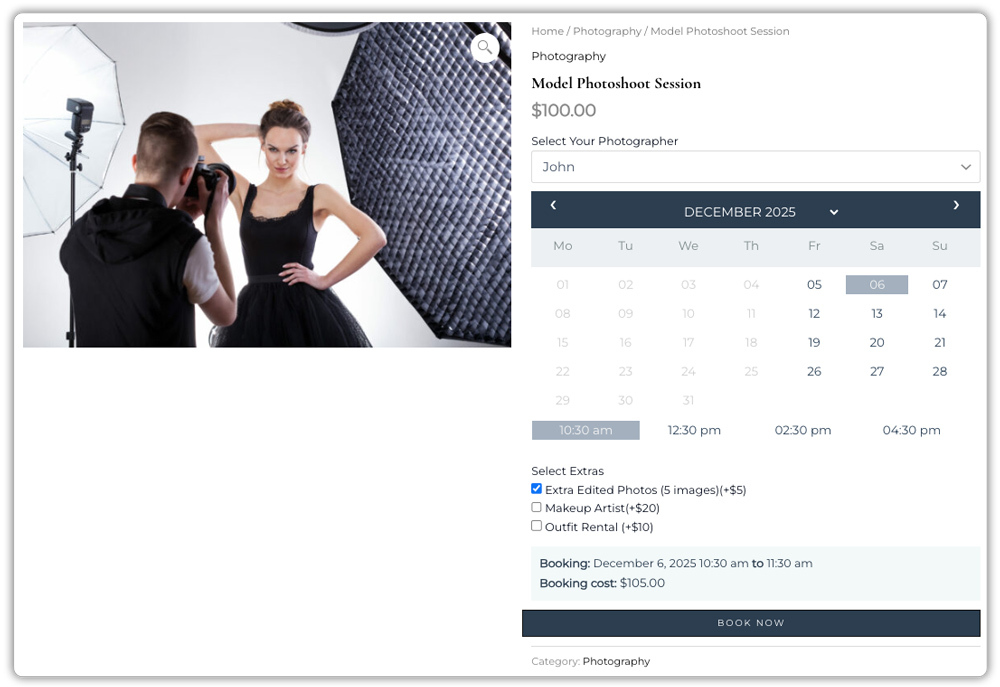 photography sessions with woocommerce bookings
