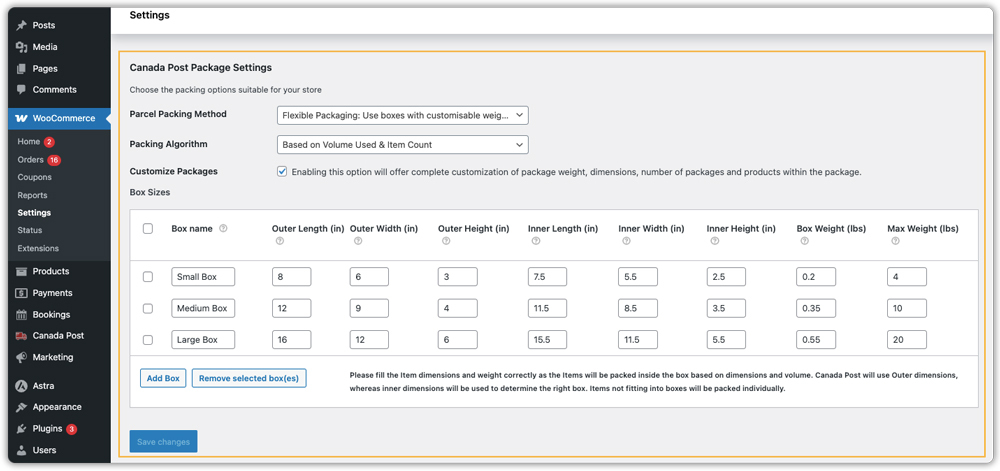 canada post package settings