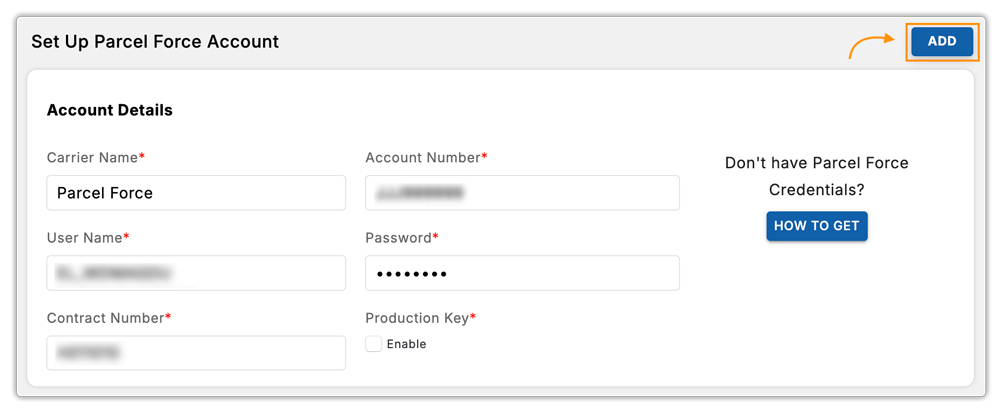 add parcel force account 