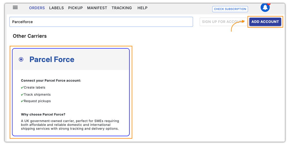 add parcel force carrier