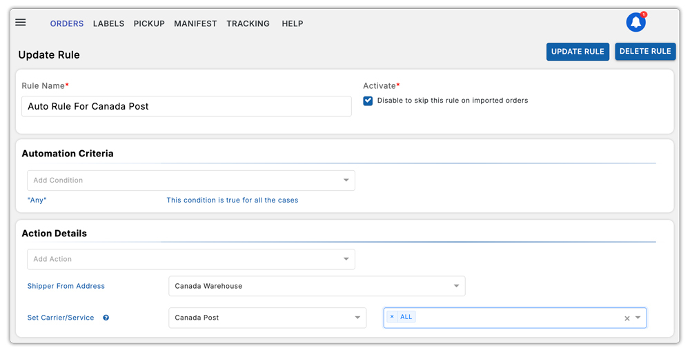 canada post automation rule in shopify