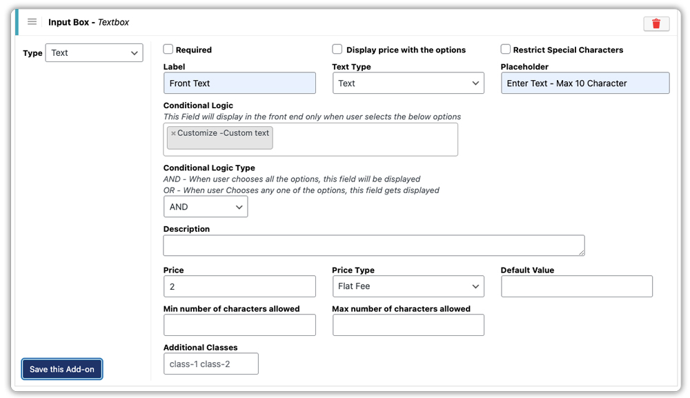 product add-ons conditional logic