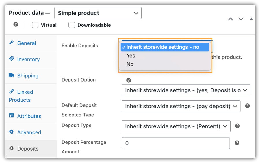 woocommerce deposits for products